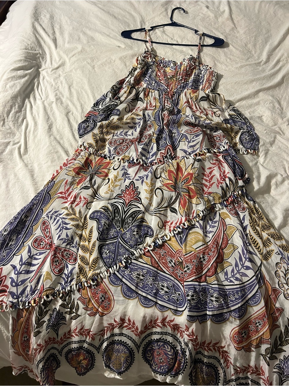 FARM Rio Cream Maxi Dress with Blue, Red, Purple & Gold Paisley Floral Print